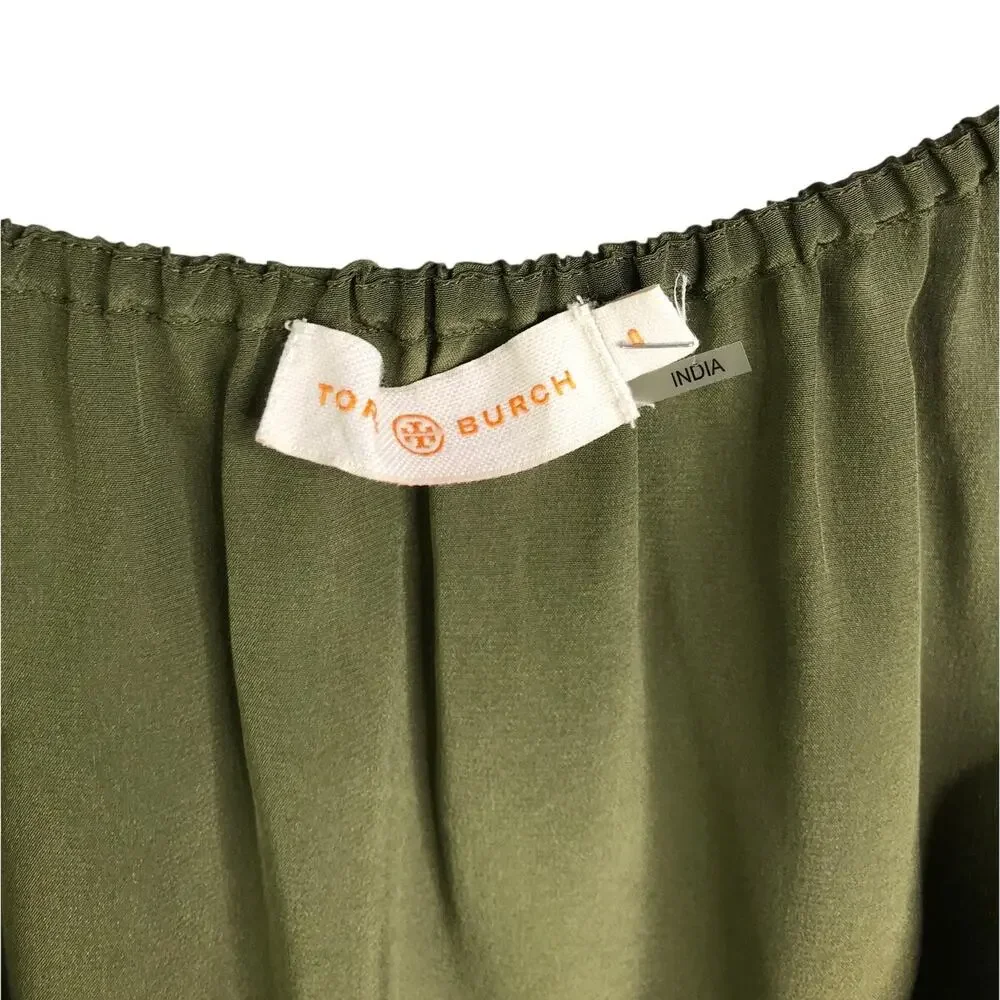 Tory Burch Camille Embroidered Silk Blouse Womens Size 0 Olive Green‎ boho chic